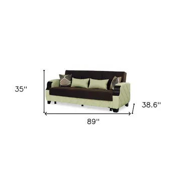 89" Dark Brown And Cream Microsuede And Faux Leather Convertible Futon Sleeper Sofa And Toss Pillows With Storage