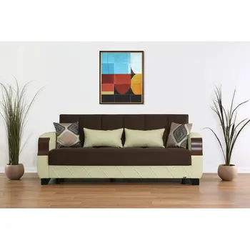89" Dark Brown And Cream Microsuede And Faux Leather Convertible Futon Sleeper Sofa And Toss Pillows With Storage