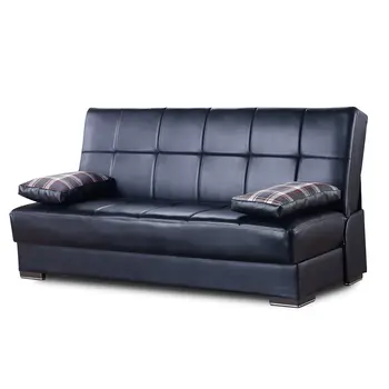 75" Black Faux Leather Convertible Futon Sleeper Sofa And Toss Pillows With Storage