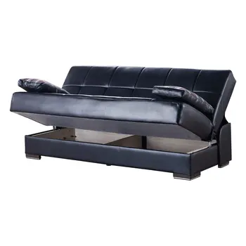 75" Black Faux Leather Convertible Futon Sleeper Sofa And Toss Pillows With Storage