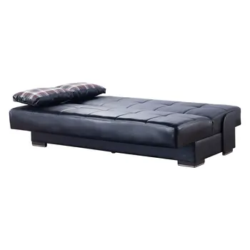 75" Black Faux Leather Convertible Futon Sleeper Sofa And Toss Pillows With Storage