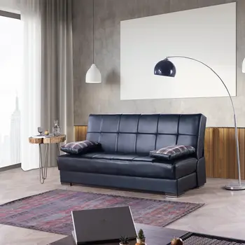 75" Black Faux Leather Convertible Futon Sleeper Sofa And Toss Pillows With Storage