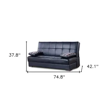 75" Black Faux Leather Convertible Futon Sleeper Sofa And Toss Pillows With Storage