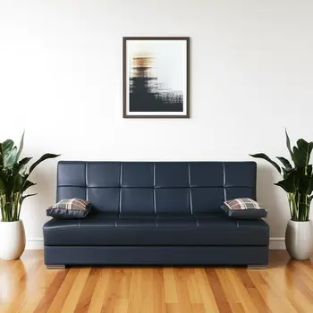 75" Black Faux Leather Convertible Futon Sleeper Sofa And Toss Pillows With Storage
