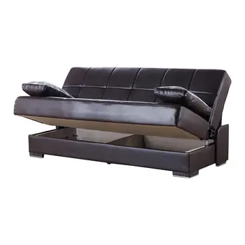 75" Brown Faux Leather Convertible Futon Sleeper Sofa And Toss Pillows With Storage