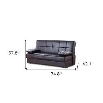 75" Brown Faux Leather Convertible Futon Sleeper Sofa And Toss Pillows With Storage