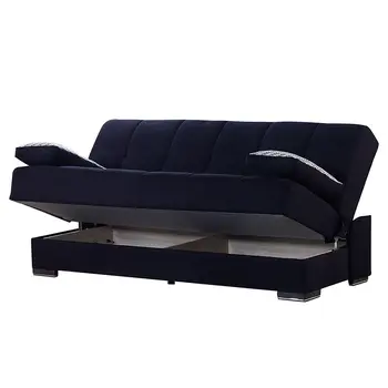 75" Black Chenille Convertible Futon Sleeper Sofa And Toss Pillows With Storage