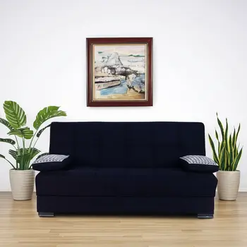 75" Black Chenille Convertible Futon Sleeper Sofa And Toss Pillows With Storage