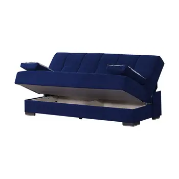 75" Blue Chenille Convertible Futon Sleeper Sofa And Toss Pillows With Storage