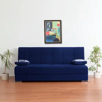75" Blue Chenille Convertible Futon Sleeper Sofa And Toss Pillows With Storage