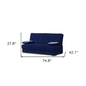 75" Blue Chenille Convertible Futon Sleeper Sofa And Toss Pillows With Storage