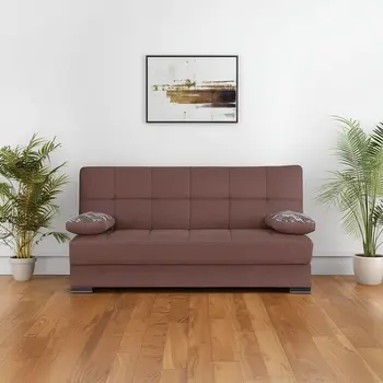 75" Brown Chenille Convertible Futon Sleeper Sofa And Toss Pillows With Storage