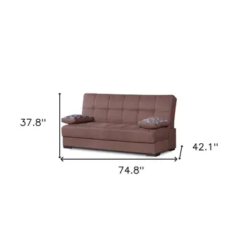 75" Brown Chenille Convertible Futon Sleeper Sofa And Toss Pillows With Storage