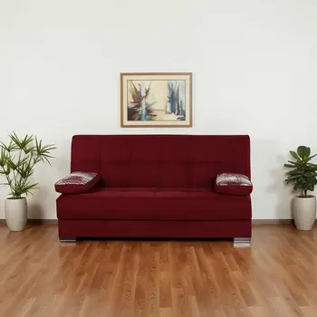 75" Burgundy Chenille Convertible Futon Sleeper Sofa And Toss Pillows With Storage