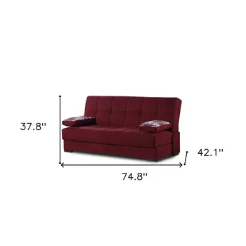 75" Burgundy Chenille Convertible Futon Sleeper Sofa And Toss Pillows With Storage