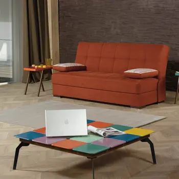 75" Orange Chenille Convertible Futon Sleeper Sofa And Toss Pillows With Storage