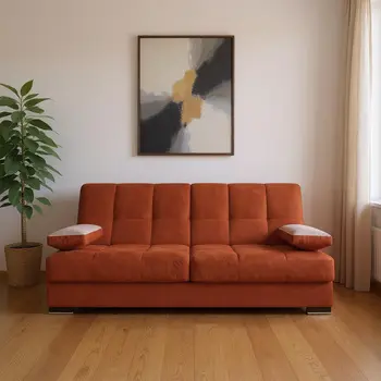 75" Orange Chenille Convertible Futon Sleeper Sofa And Toss Pillows With Storage