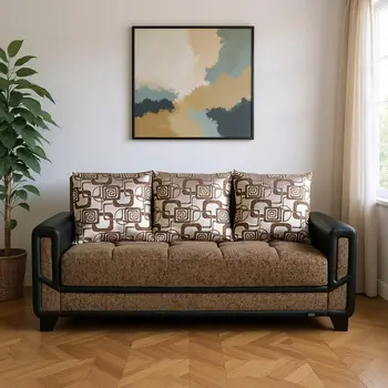 90" Brown Chenille Convertible Futon Sleeper Sofa And Toss Pillows With Storage