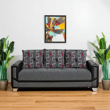 90" Gray Chenille Convertible Futon Sleeper Sofa And Toss Pillows With Storage