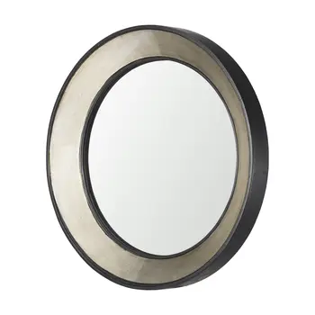 22" Champagne And Dark Brown Metal And Solid Wood Round Accent Mirror