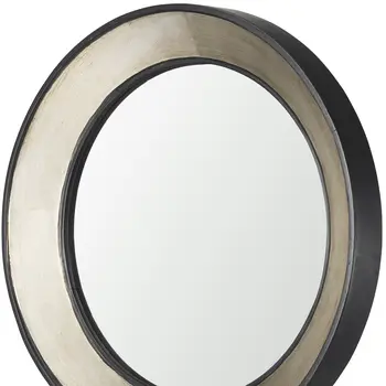 22" Champagne And Dark Brown Metal And Solid Wood Round Accent Mirror