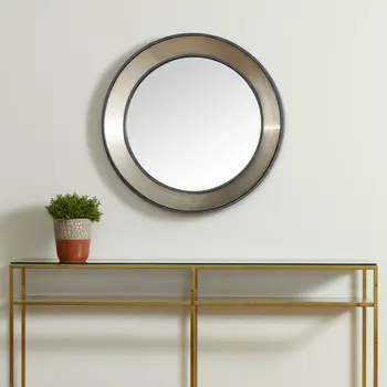 22" Champagne And Dark Brown Metal And Solid Wood Round Accent Mirror