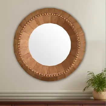 30" Brown Solid Wood Round Accent Mirror