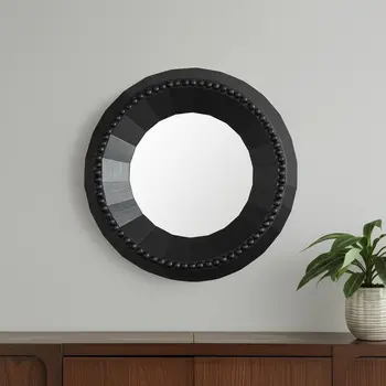 30" Black Solid Wood Round Accent Mirror