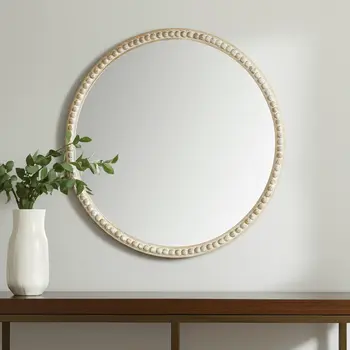 30" Brown Solid Wood Round Accent Mirror