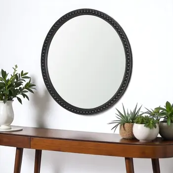 30" Black Solid Wood Round Accent Mirror