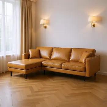 Tan Genuine Leather L Shaped Sofa and Chaise Sectional With Toss Pillows