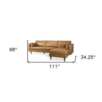 Tan Genuine Leather L Shaped Sofa and Chaise Sectional With Toss Pillows
