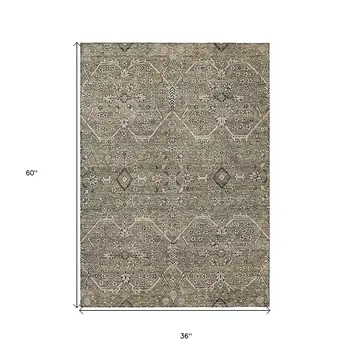 3' X 5' Khaki Floral Washable Indoor Outdoor Area Rug