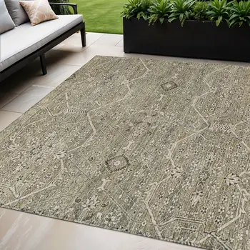 5' X 8' Khaki Floral Washable Indoor Outdoor Area Rug