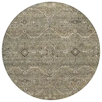 8' Khaki Round Floral Washable Indoor Outdoor Area Rug