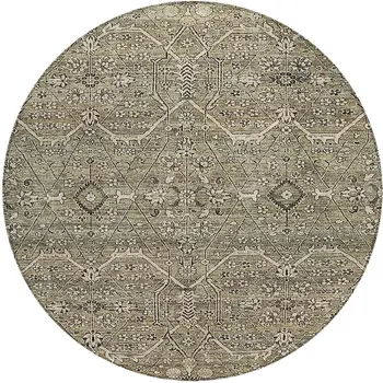 8' Khaki Round Floral Washable Indoor Outdoor Area Rug