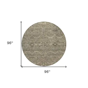 8' Khaki Round Floral Washable Indoor Outdoor Area Rug