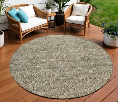 8' Pewter Round Floral Washable Indoor Outdoor Area Rug