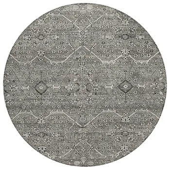 8' Pewter Round Floral Washable Indoor Outdoor Area Rug