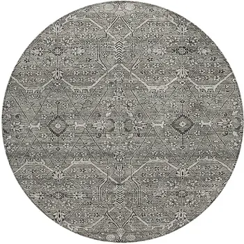 8' Pewter Round Floral Washable Indoor Outdoor Area Rug