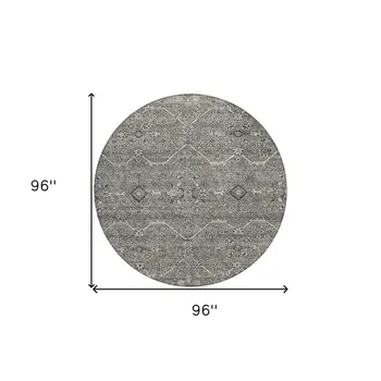 8' Pewter Round Floral Washable Indoor Outdoor Area Rug