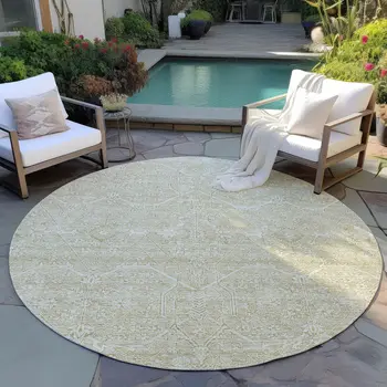 8' Beige Round Floral Washable Indoor Outdoor Area Rug