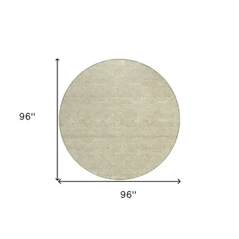 8' Beige Round Floral Washable Indoor Outdoor Area Rug