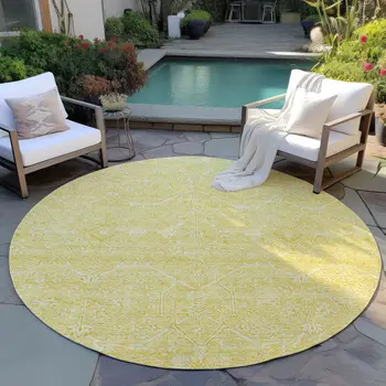 8' Gold Round Floral Washable Indoor Outdoor Area Rug
