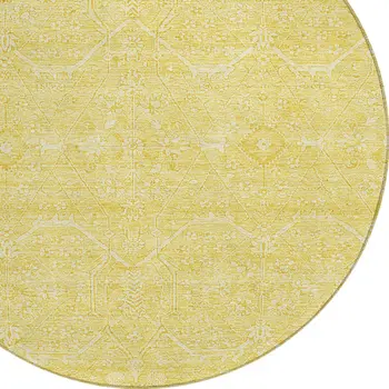 8' Gold Round Floral Washable Indoor Outdoor Area Rug