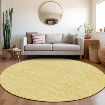 8' Gold Round Floral Washable Indoor Outdoor Area Rug