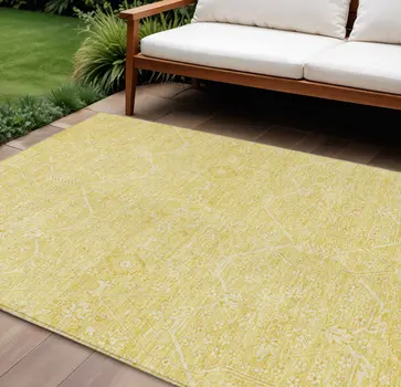 9' X 12' Gold Floral Washable Indoor Outdoor Area Rug