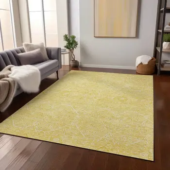 9' X 12' Gold Floral Washable Indoor Outdoor Area Rug