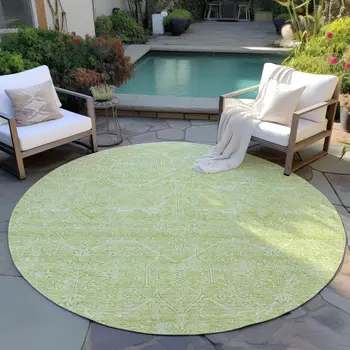 8' Mint Green Round Floral Washable Indoor Outdoor Area Rug