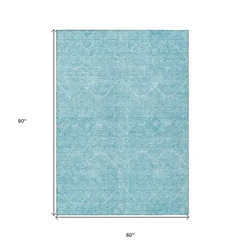 5' X 8' Sky Blue Floral Washable Indoor Outdoor Area Rug